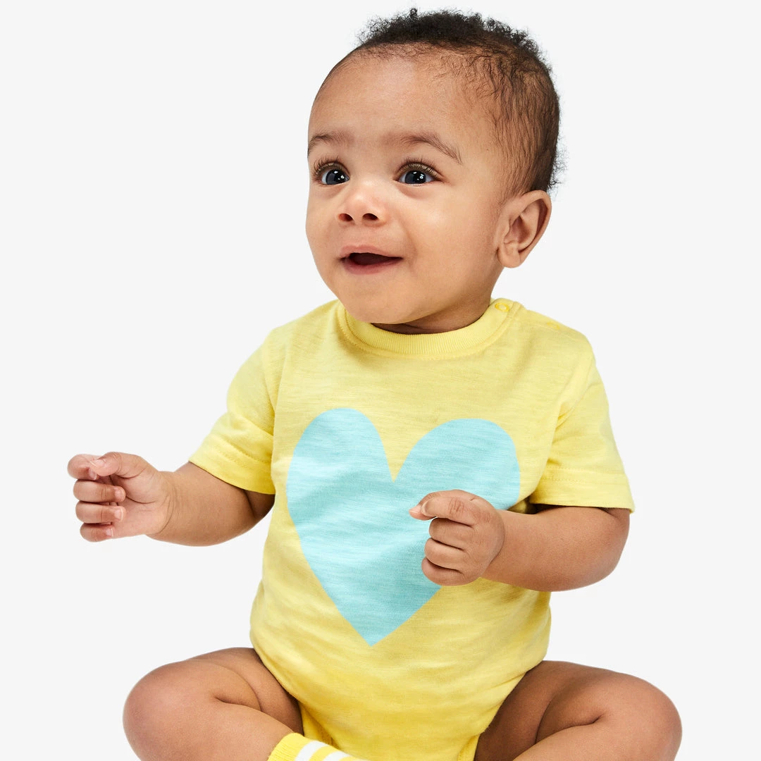 Primary.com Short Sleeve Heart Babysuit In Banana 6 Primary.com Short Sleeve Heart Babysuit In Banana