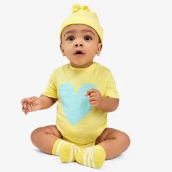 Primary.com Short Sleeve Heart Babysuit In Banana